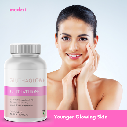 GluthaGlo+ Medzzi: Premium Reduced L Glutathione 600mg Tablets for Radiant, Glowing Skin with Vitamin C, Asthaxanthin - 30 Veg Tablets