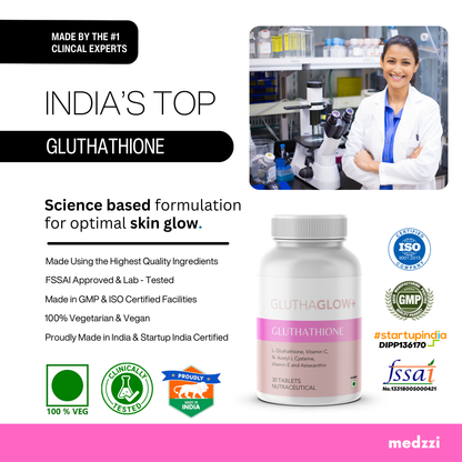 GluthaGlo+ Medzzi: Premium Reduced L Glutathione 600mg Tablets for Radiant, Glowing Skin with Vitamin C, Asthaxanthin - 30 Veg Tablets